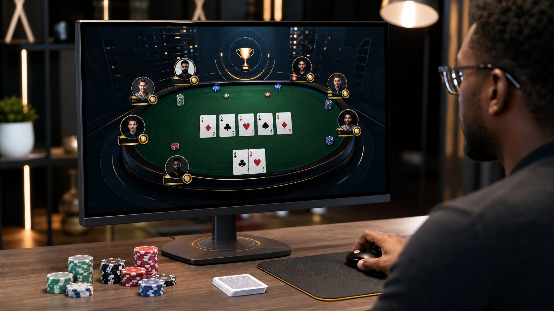 Seseorang mengikuti turnamen poker online dari meja kerja modern dengan layar berisi meja poker digital dan chip.