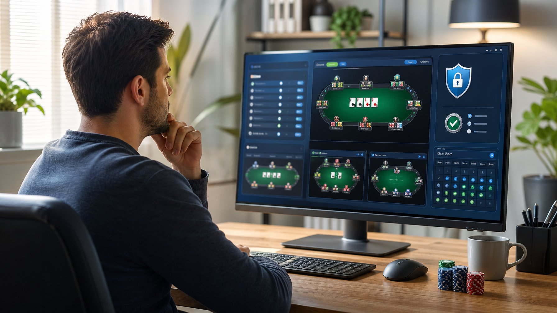 Seseorang meninjau beberapa platform poker online dengan simbol keamanan di ruang kerja modern.