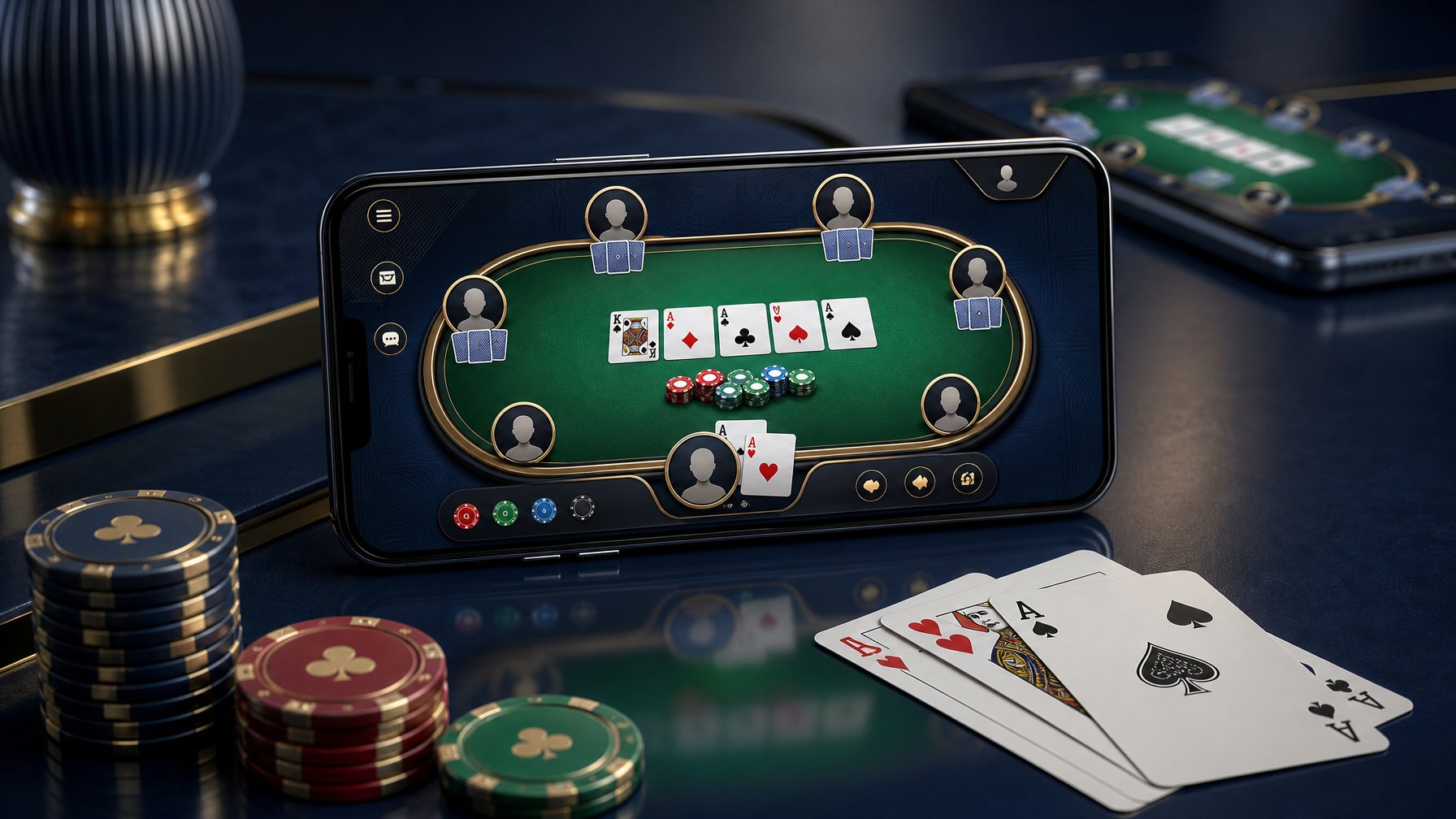 Ponsel menampilkan permainan poker digital di samping kartu dan keping poker.
