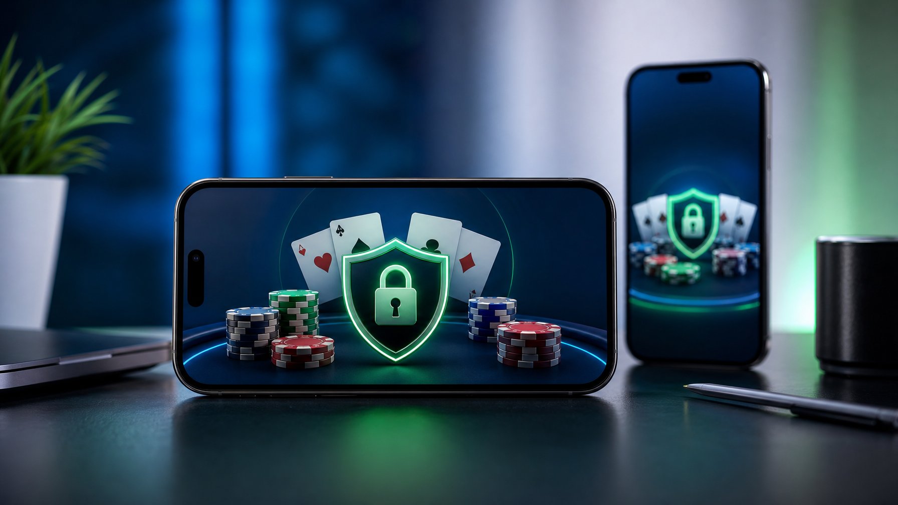 Dua ponsel menampilkan antarmuka poker digital dengan simbol perisai keamanan di meja kerja modern.