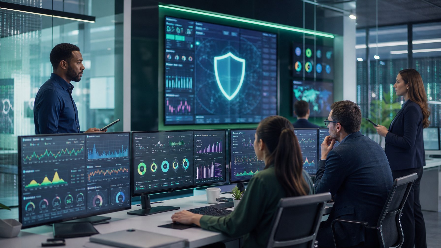 Tim profesional menganalisis data digital pada layar monitor di kantor modern.