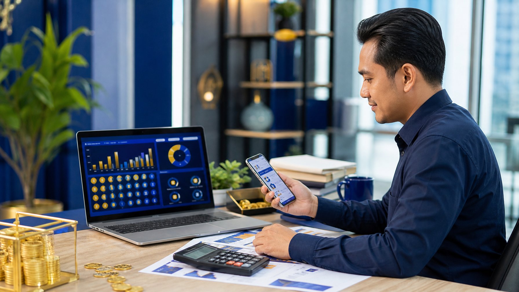 Seorang profesional memeriksa informasi hadiah digital di ruang kerja modern dengan laptop, ponsel, kalkulator, dan koin emas.