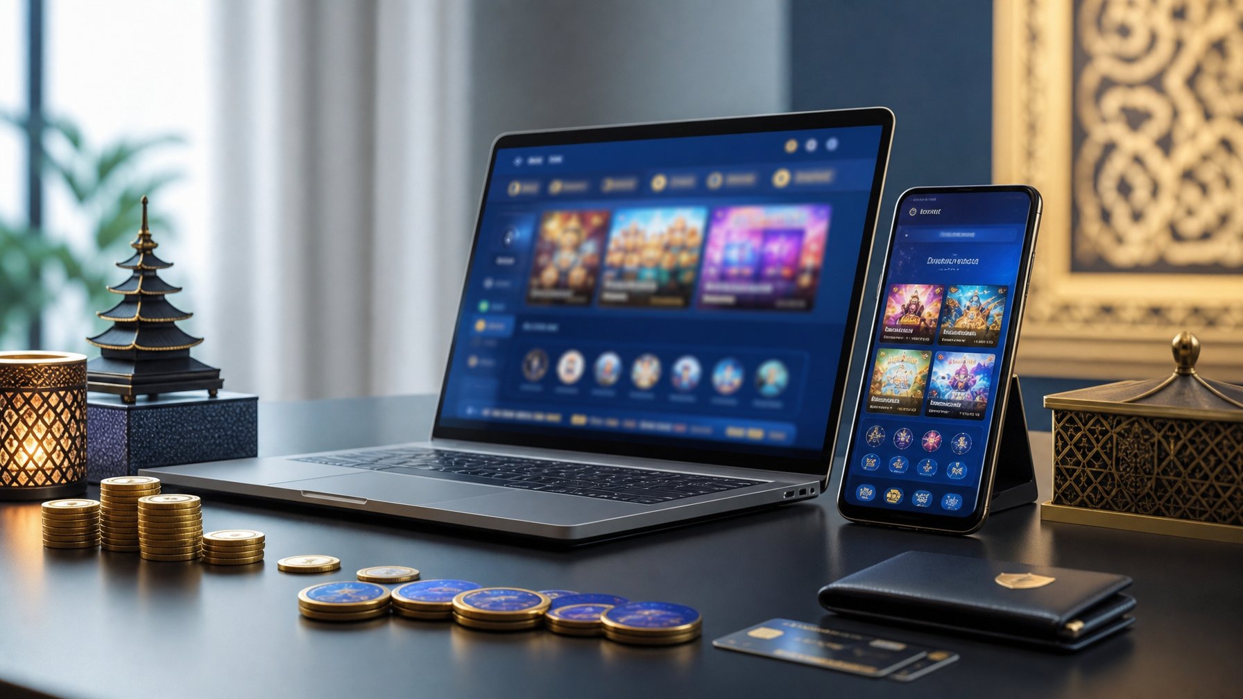 Laptop dan ponsel menampilkan antarmuka permainan digital abstrak di meja kerja modern dengan koin dan dekorasi bernuansa Indonesia.