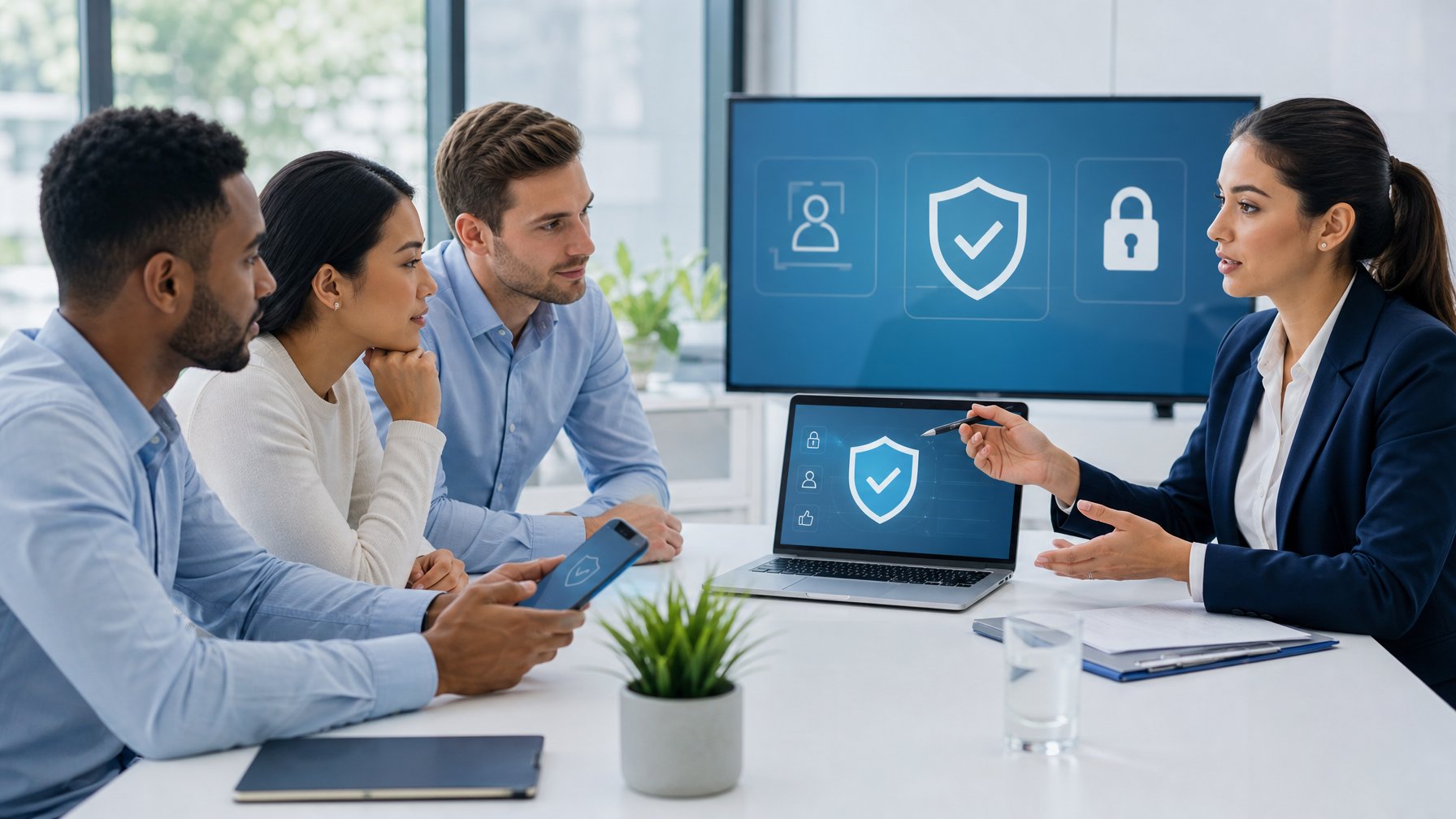 Orang dewasa meninjau platform digital yang aman bersama petugas layanan di kantor modern.
