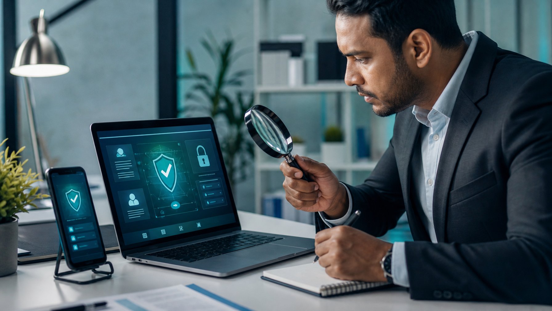 Seorang profesional memeriksa laptop dan ponsel dengan simbol keamanan serta dokumen verifikasi di meja kerja.