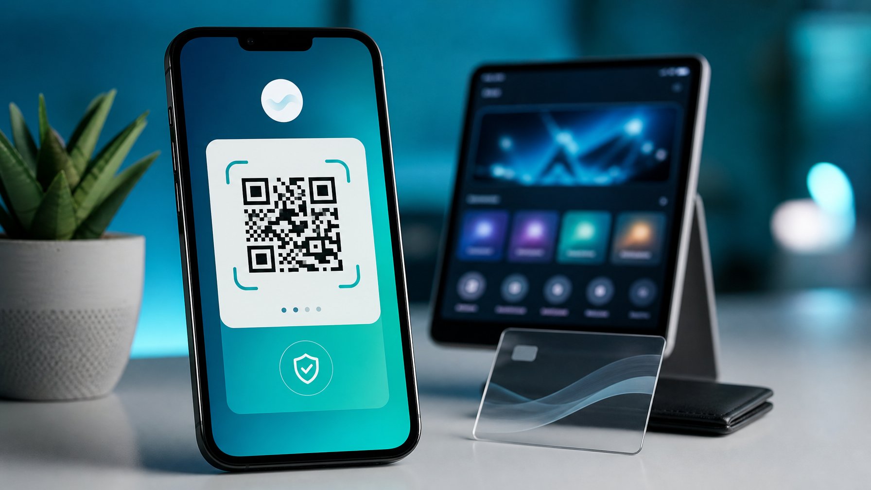 Ponsel menampilkan antarmuka pembayaran digital dengan kode QR di atas meja modern.