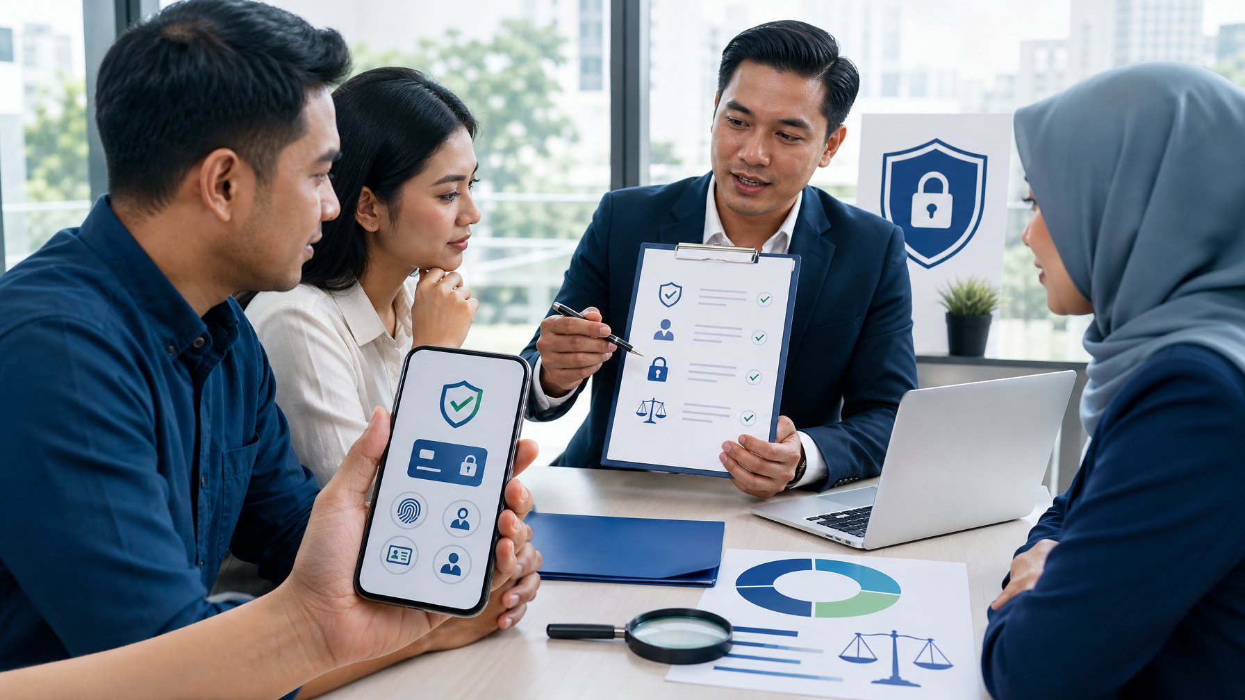 Penasihat hukum menjelaskan keamanan pembayaran digital dan perlindungan konsumen kepada beberapa orang dewasa.