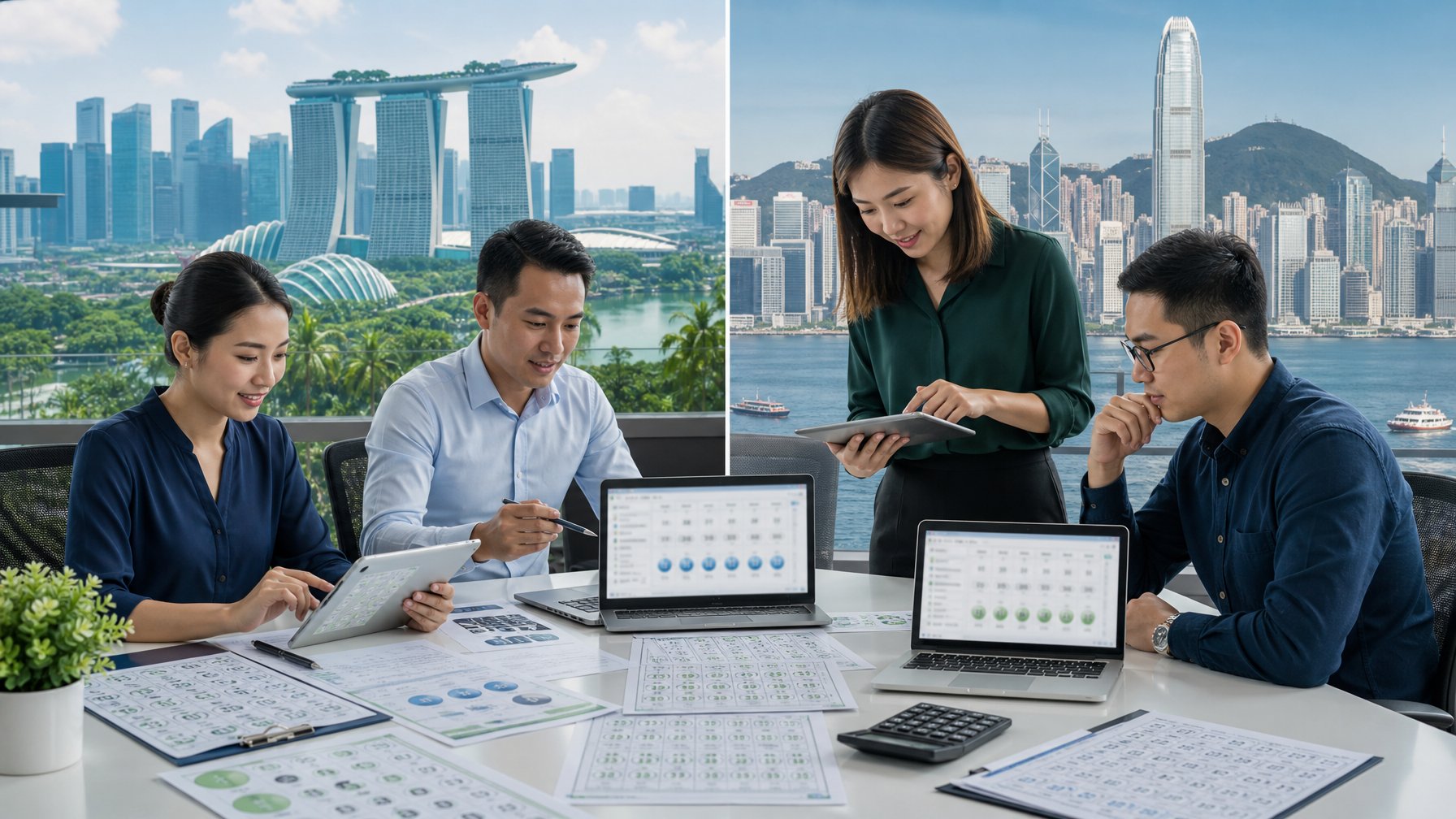 Sekelompok profesional memeriksa data undian numerik pada perangkat digital dengan latar kota Singapura dan Hong Kong.