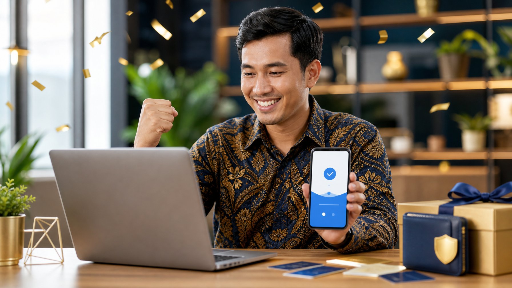 Seseorang tersenyum lega saat memeriksa konfirmasi pembayaran digital di laptop dan ponsel.