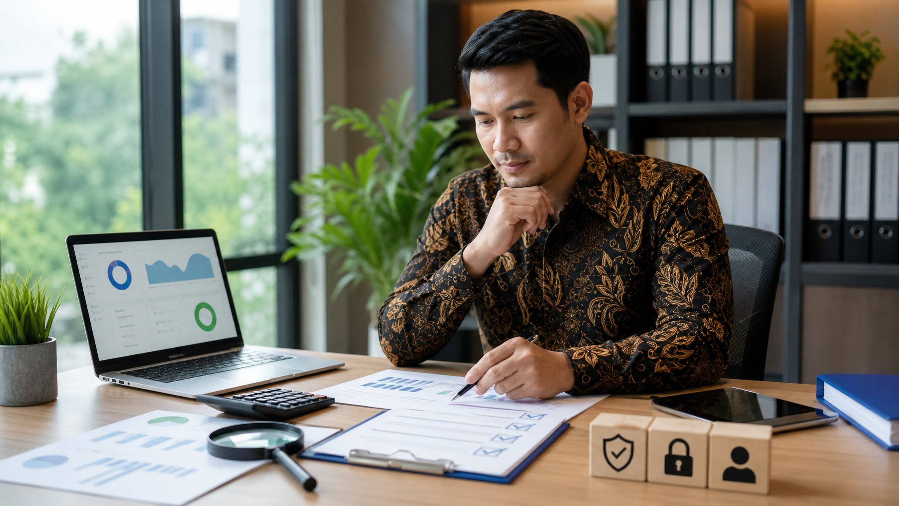 Seorang profesional memeriksa dashboard analitik dan dokumen verifikasi di meja kerja modern.
