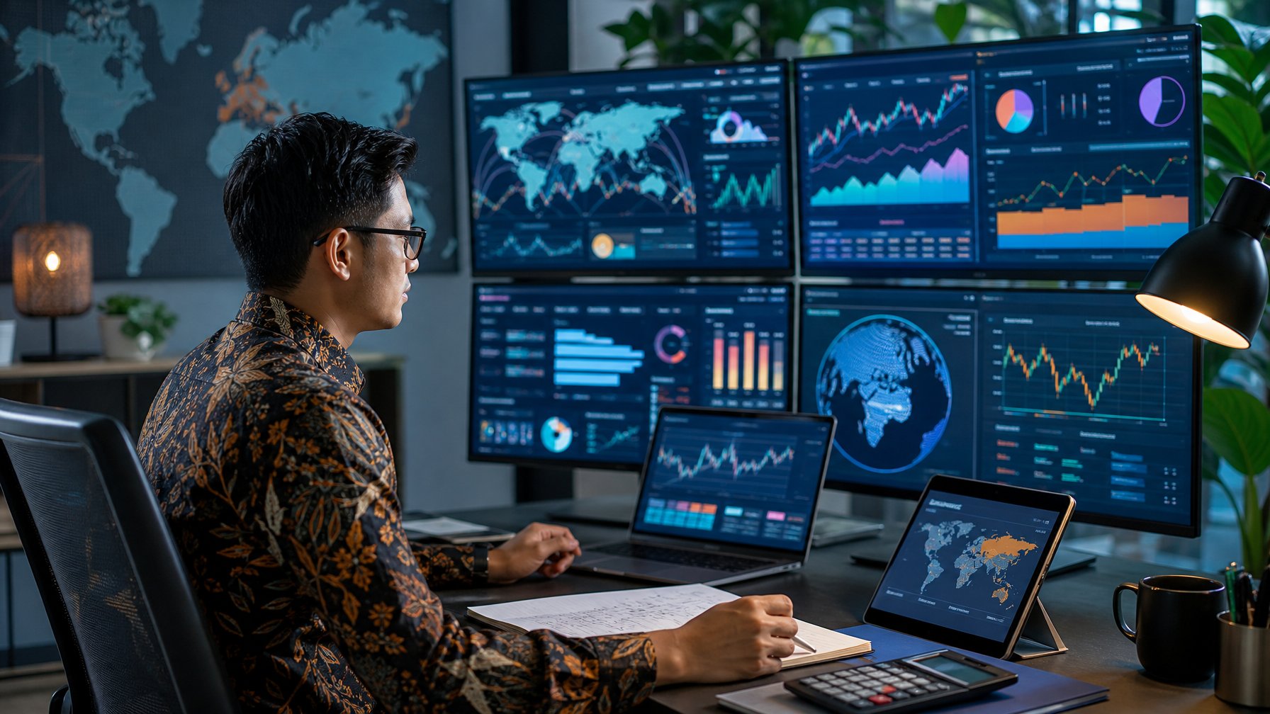 Seorang analis profesional meninjau berbagai grafik data abstrak di ruang kerja modern.