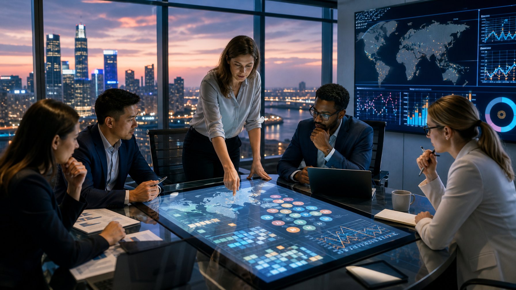 Tim analis mempelajari data pasar lotre global di kantor modern dengan latar kota.
