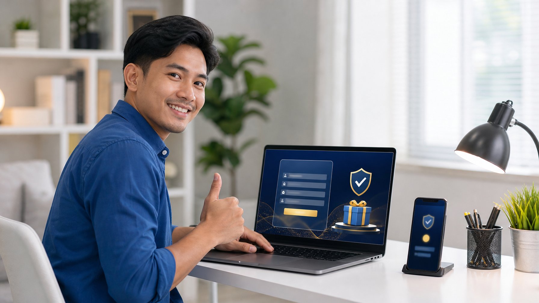 Orang dewasa mendaftarkan akun melalui laptop di ruang kerja modern dengan ponsel di sampingnya.