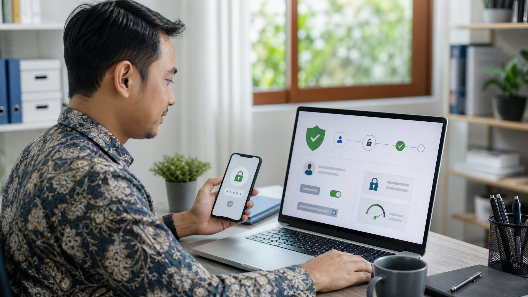 Seorang profesional memeriksa proses pendaftaran akun daring yang aman di laptop dengan simbol verifikasi dan perlindungan data.