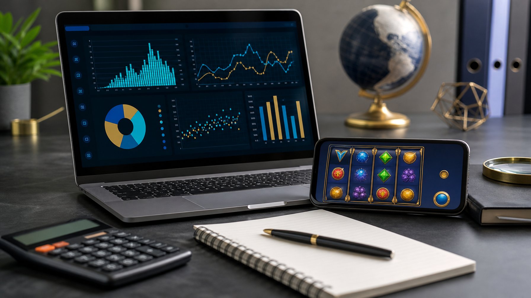 Laptop dan ponsel menampilkan grafik analisis serta antarmuka permainan slot di atas meja kerja.