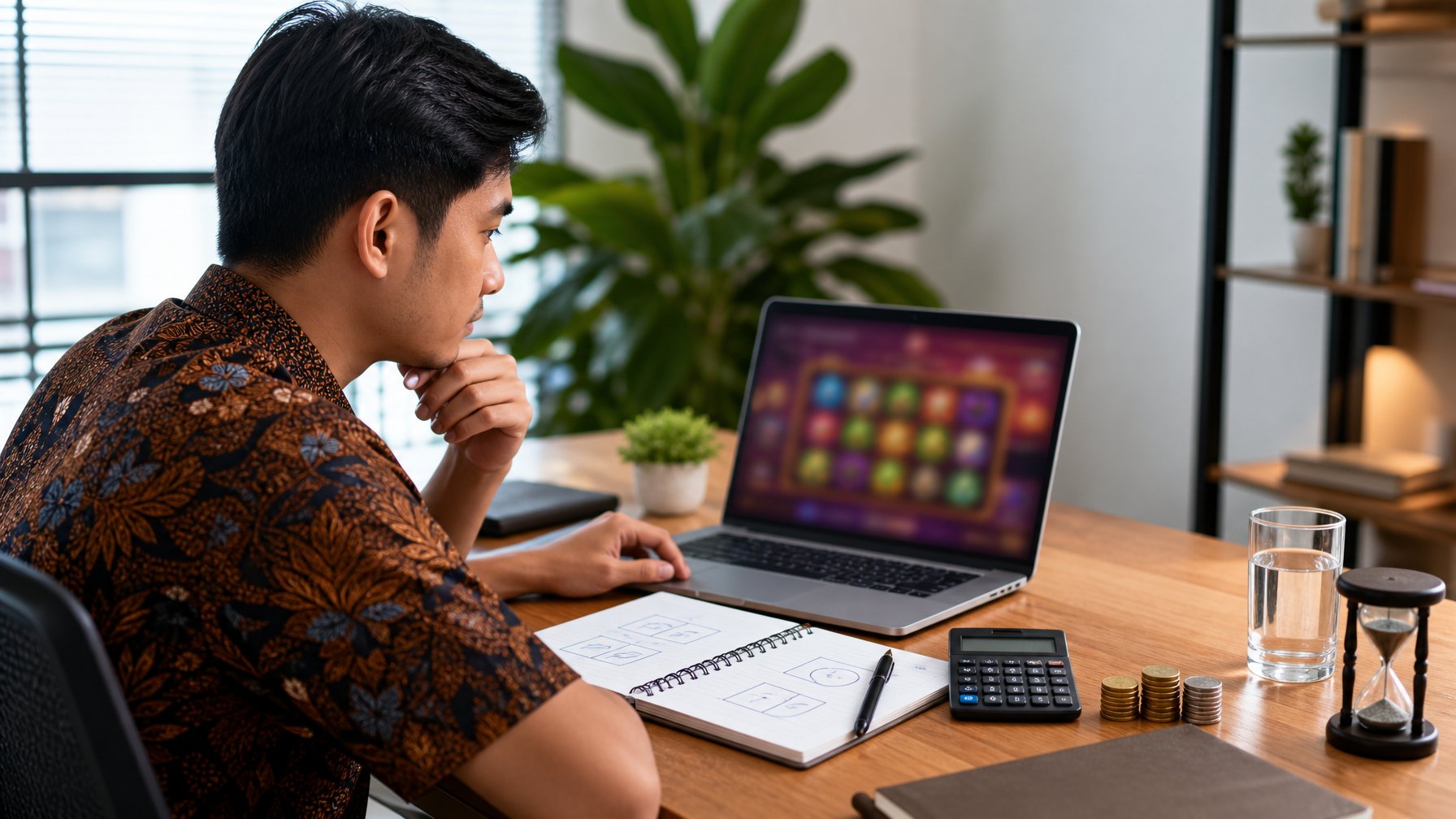 Seorang pemain dewasa mempelajari permainan digital di laptop dengan catatan strategi dan perlengkapan pengelolaan anggaran di meja.