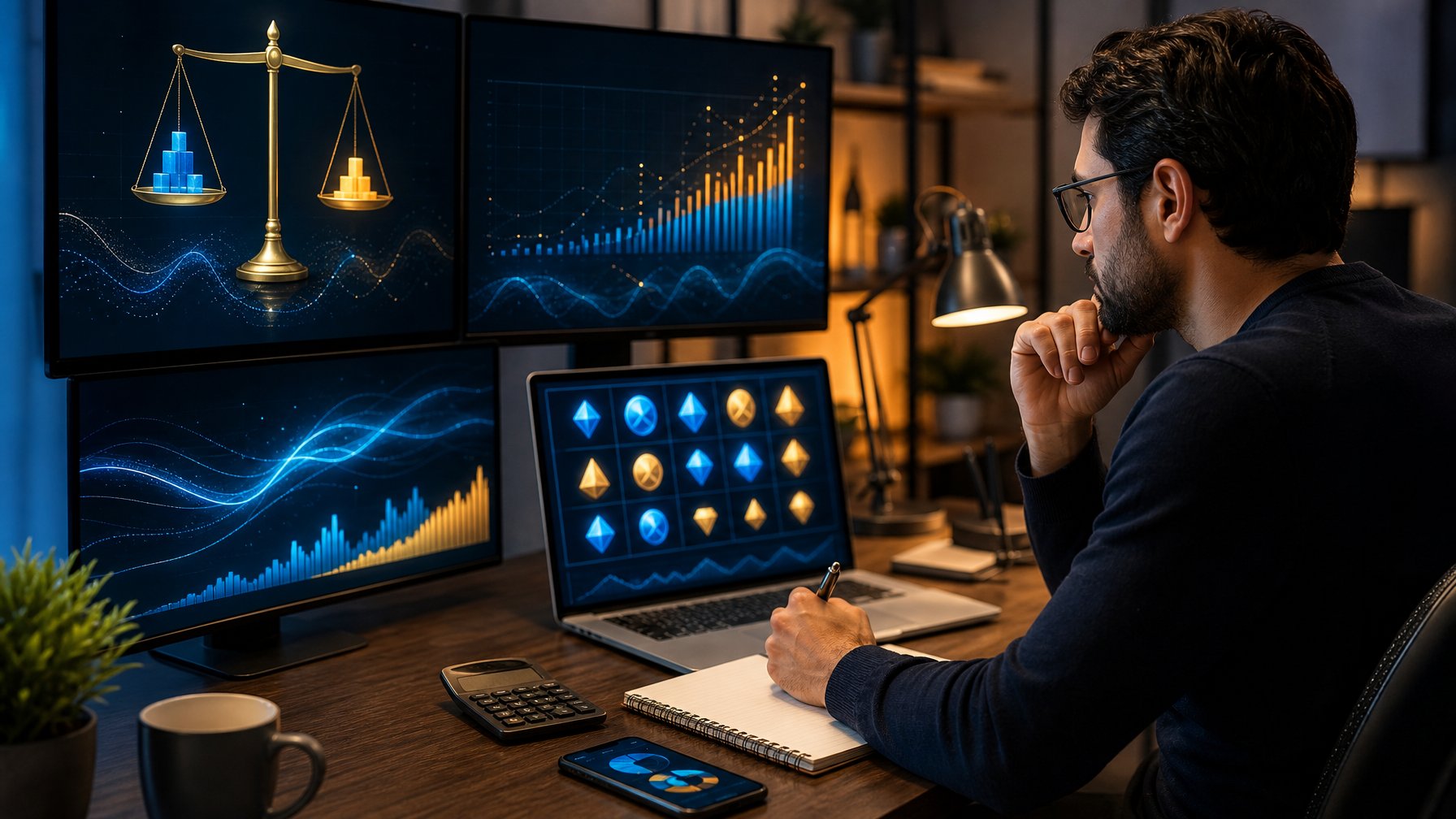 Orang dewasa menganalisis data permainan slot dengan grafik abstrak, timbangan, kalkulator, dan notebook di ruang kerja modern.