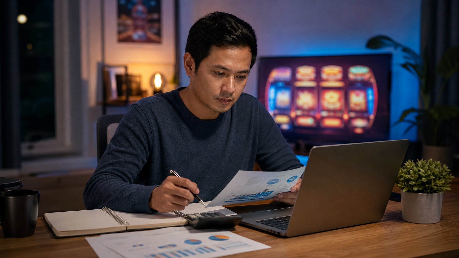 Seseorang memeriksa anggaran dan analisis peluang permainan di meja kerja pada malam hari.