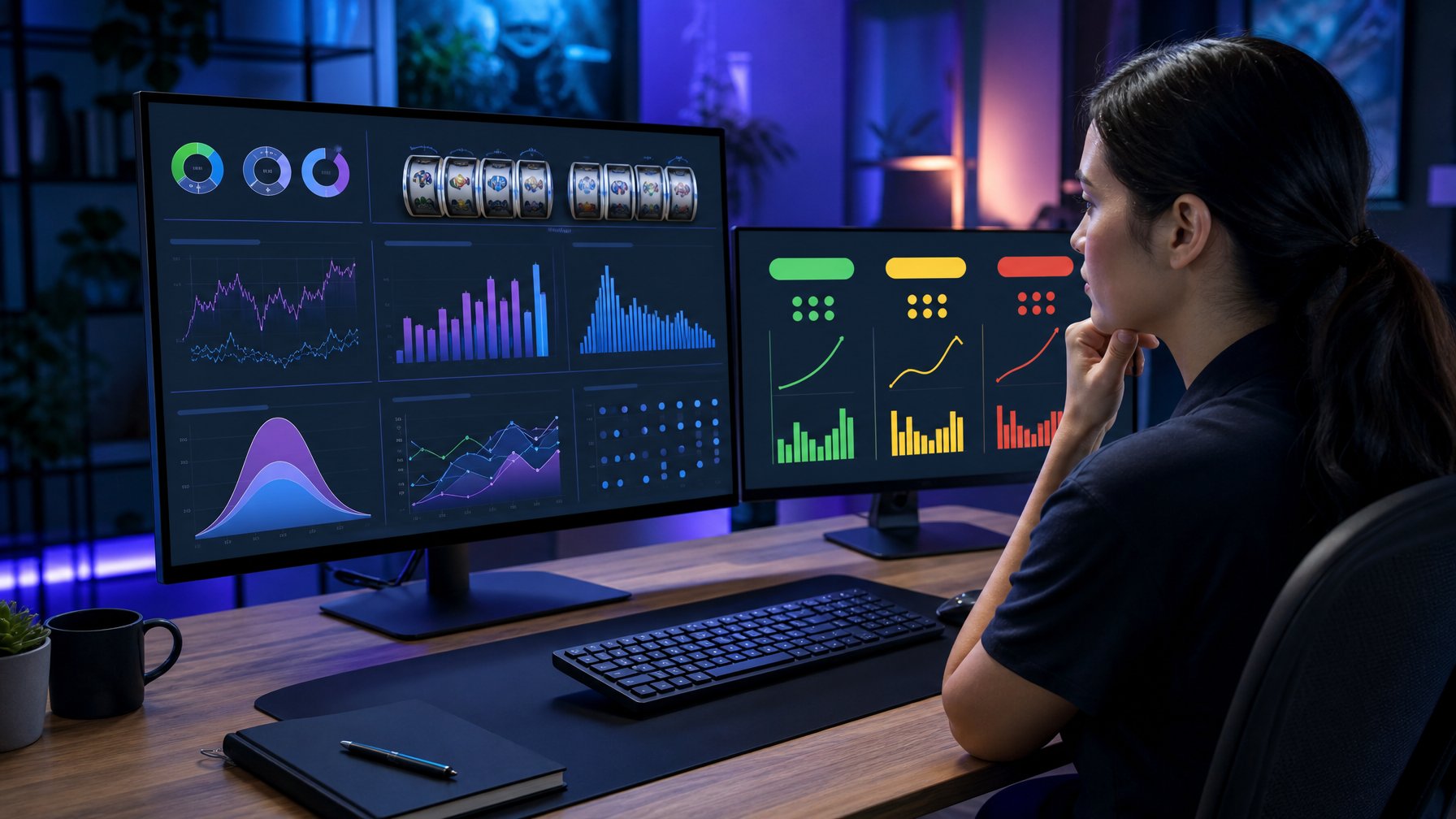 Seorang pengguna mempelajari grafik analisis mekanisme permainan slot pada beberapa monitor.