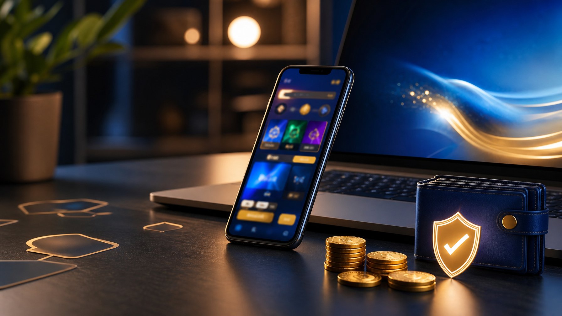 Ponsel dan laptop berada di meja modern dengan ikon perisai digital, dompet elektronik, dan koin.