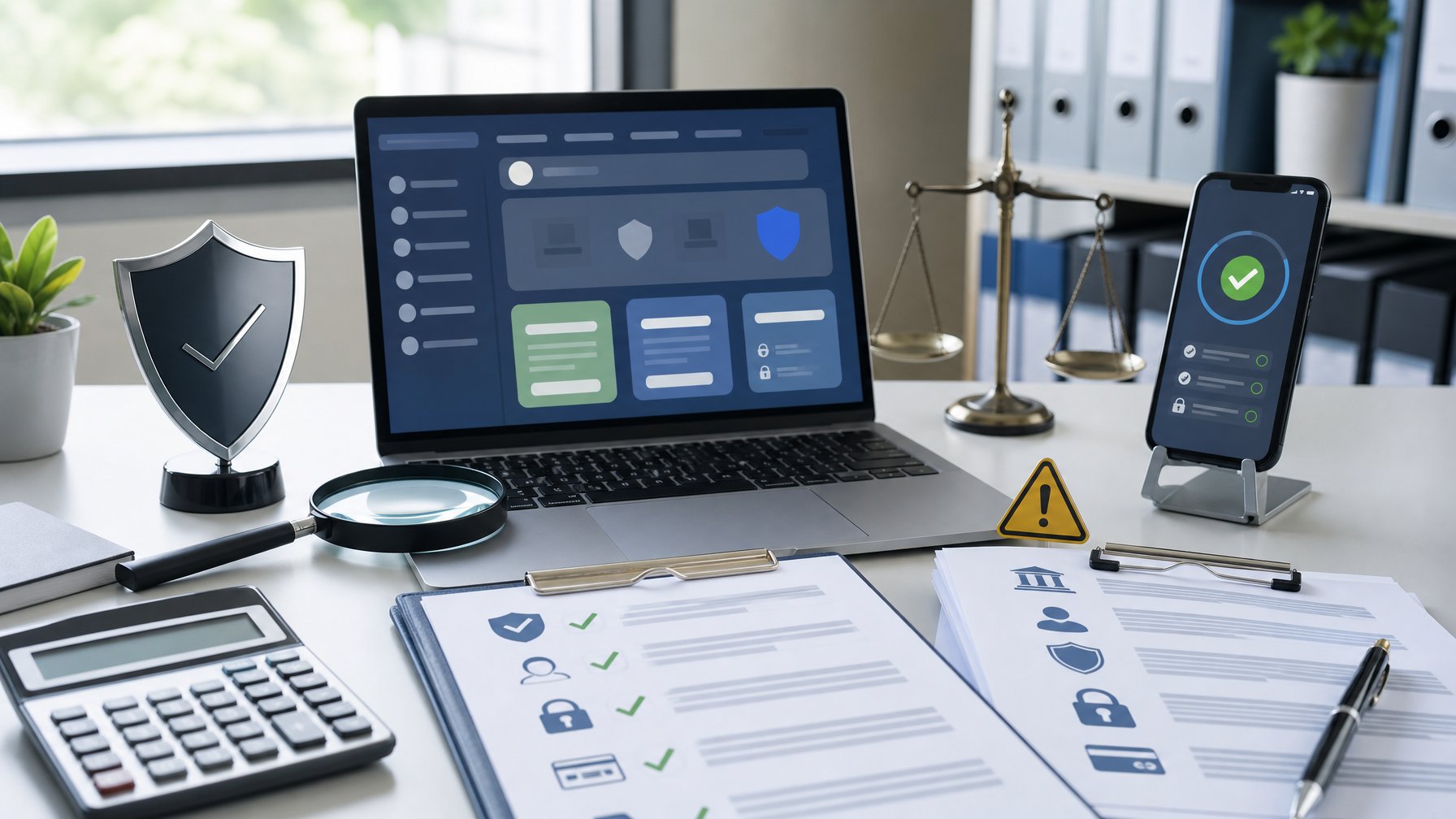 Meja kerja dengan laptop, dokumen verifikasi, kaca pembesar, dan simbol keamanan untuk menilai legalitas platform daring.