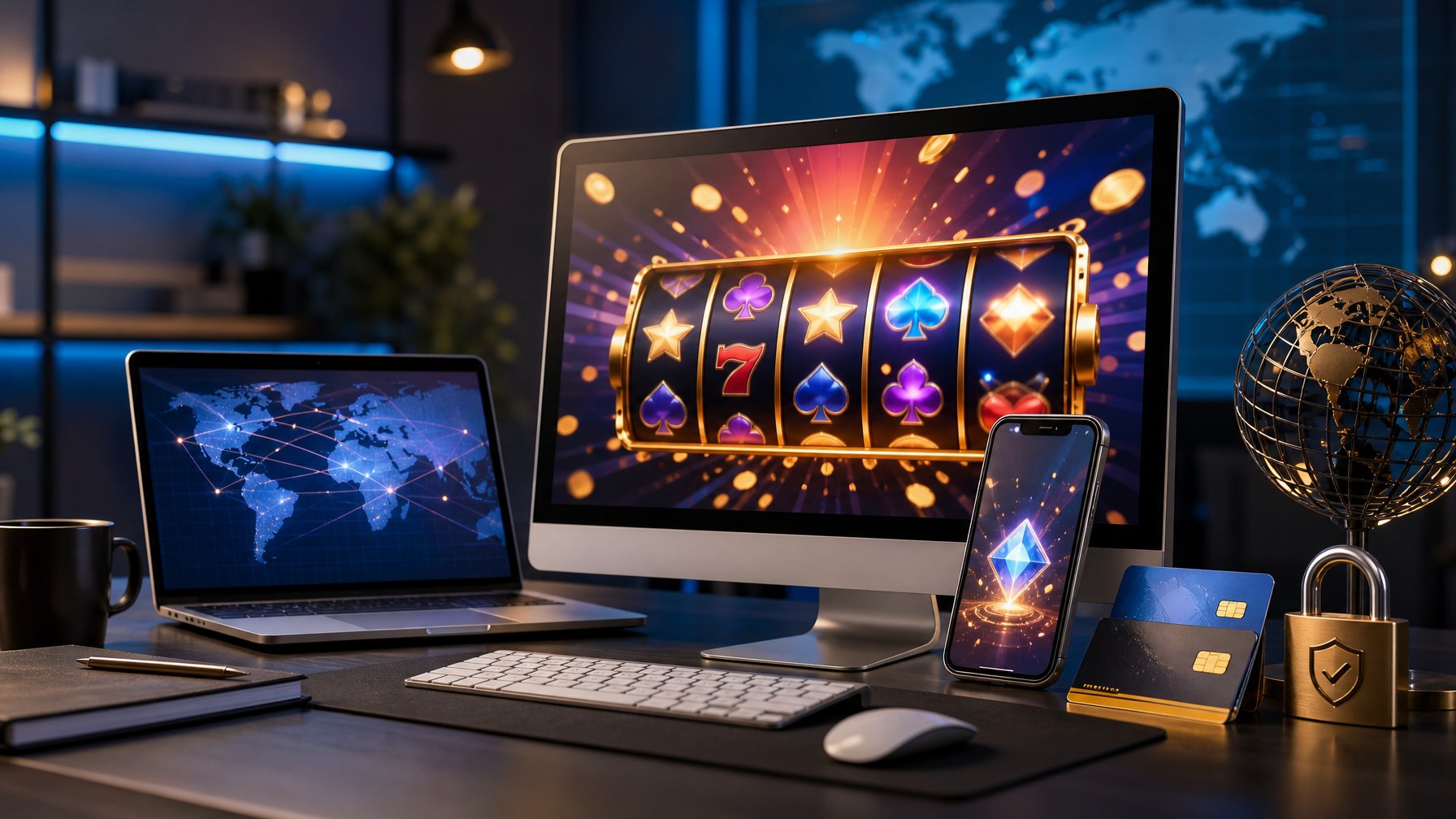 Perangkat digital menampilkan antarmuka permainan slot abstrak dalam ruang kerja modern dengan elemen konektivitas global.