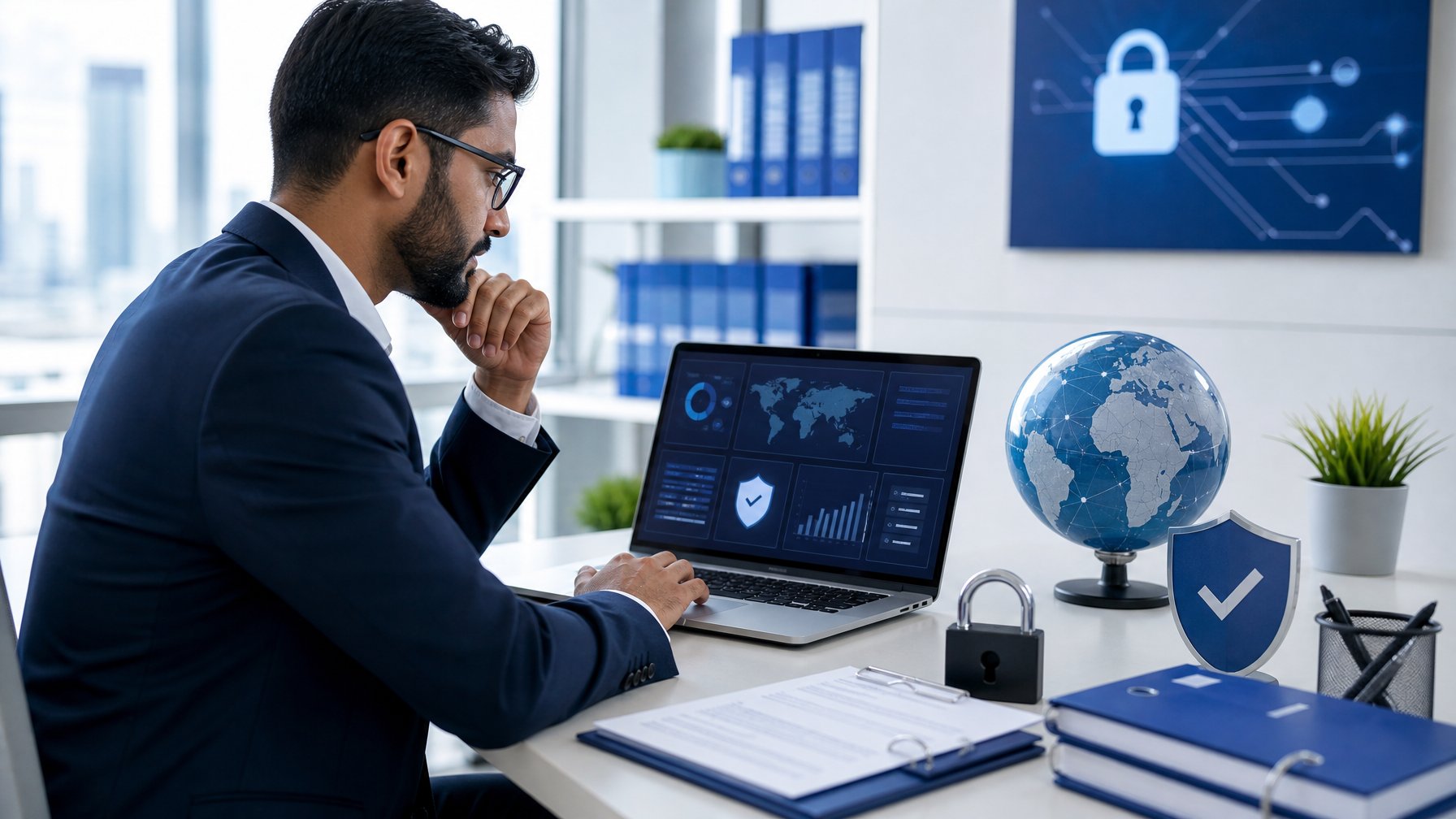 Seorang analis dewasa memeriksa keamanan dan legalitas platform digital di kantor modern.