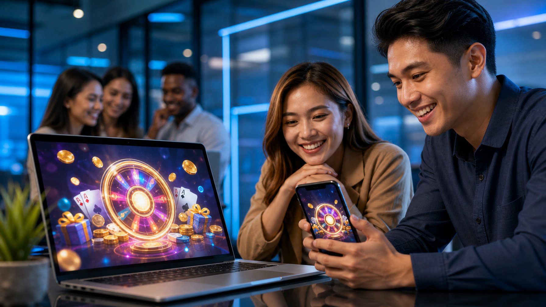 Sekelompok orang dewasa menggunakan laptop dan ponsel dengan tampilan hiburan digital bercahaya di ruang kerja modern.