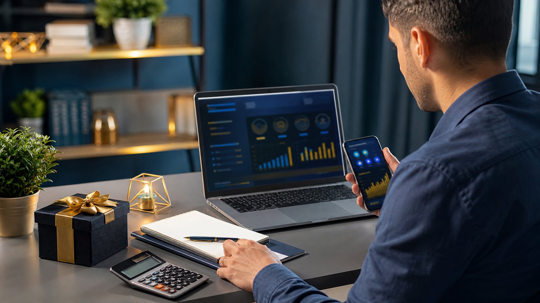 Seseorang meninjau dashboard digital di laptop dan ponsel di meja kerja modern dengan aksen hadiah dan grafik pertumbuhan.
