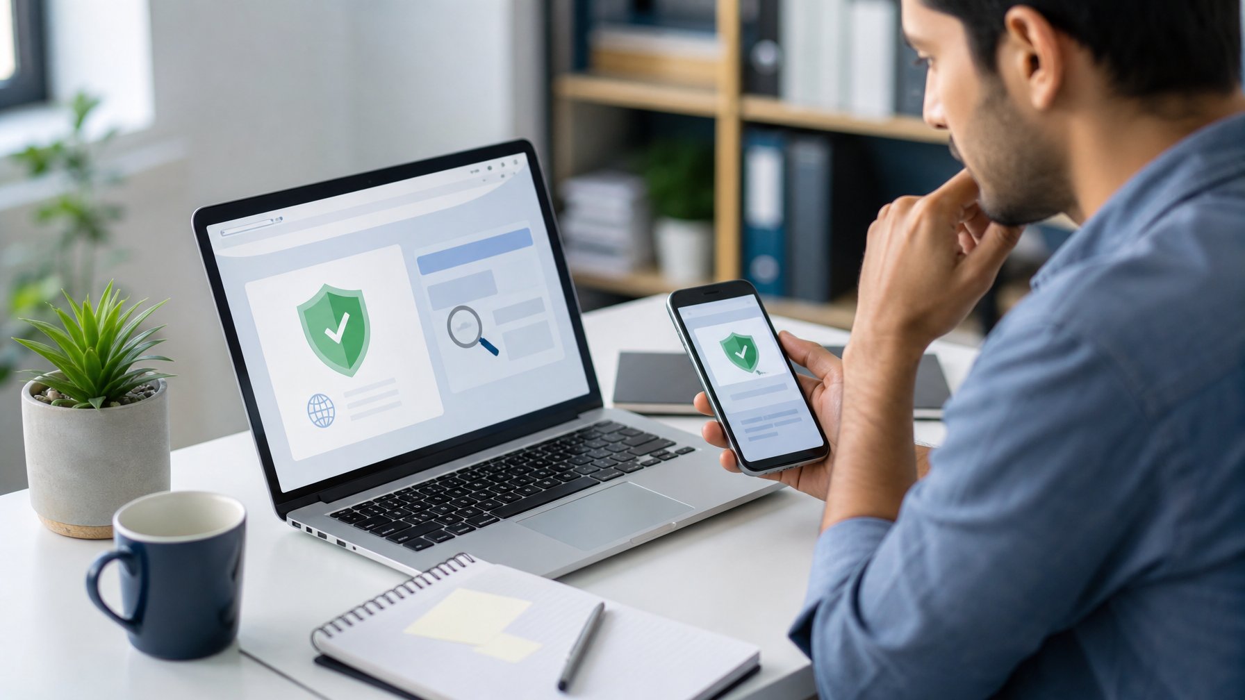 Seseorang memeriksa alamat situs di laptop sambil membandingkannya dengan sumber tepercaya di ponsel.