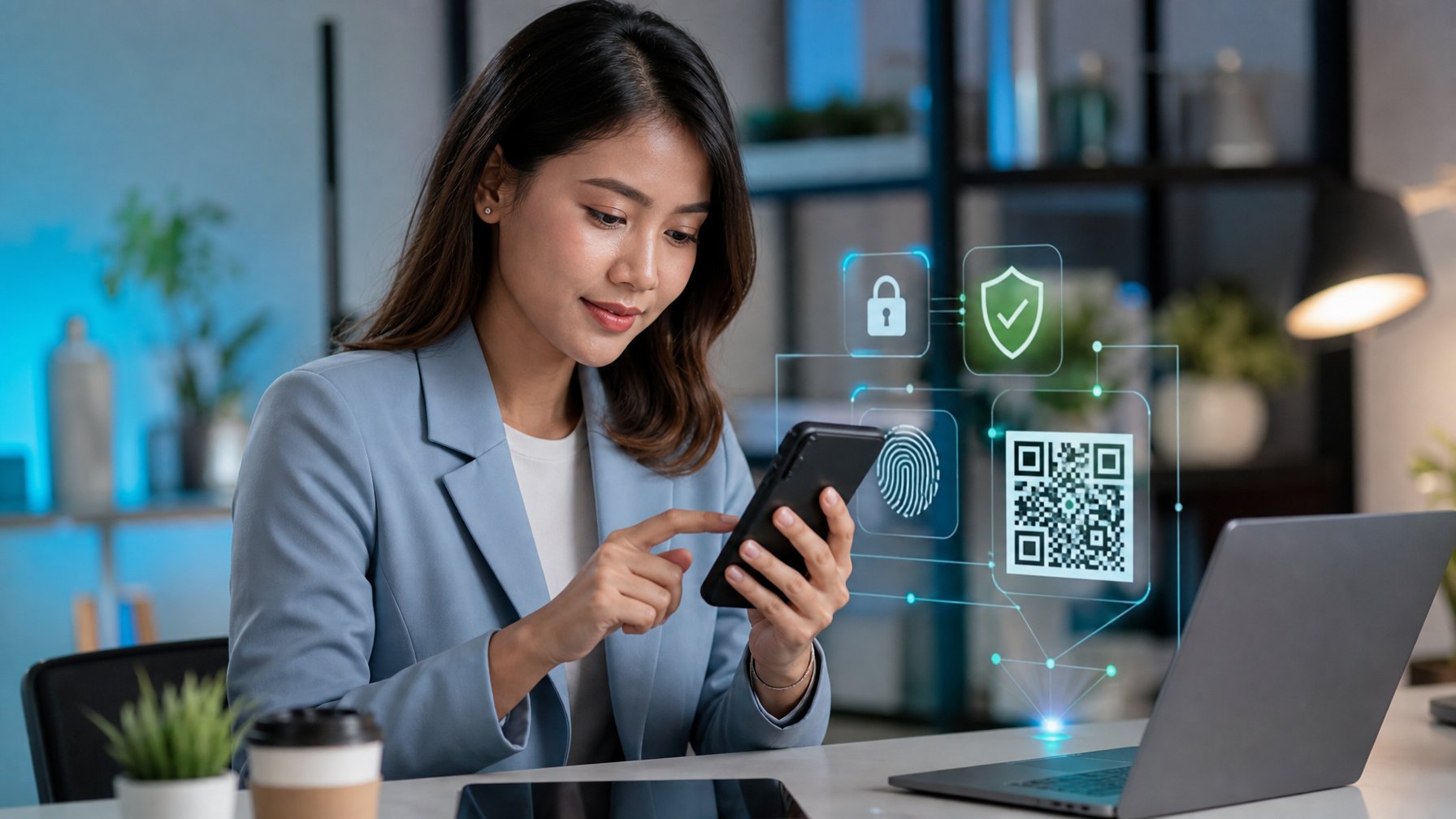 Seorang profesional memeriksa keamanan pembayaran digital melalui ponsel dan laptop di meja kerja modern.