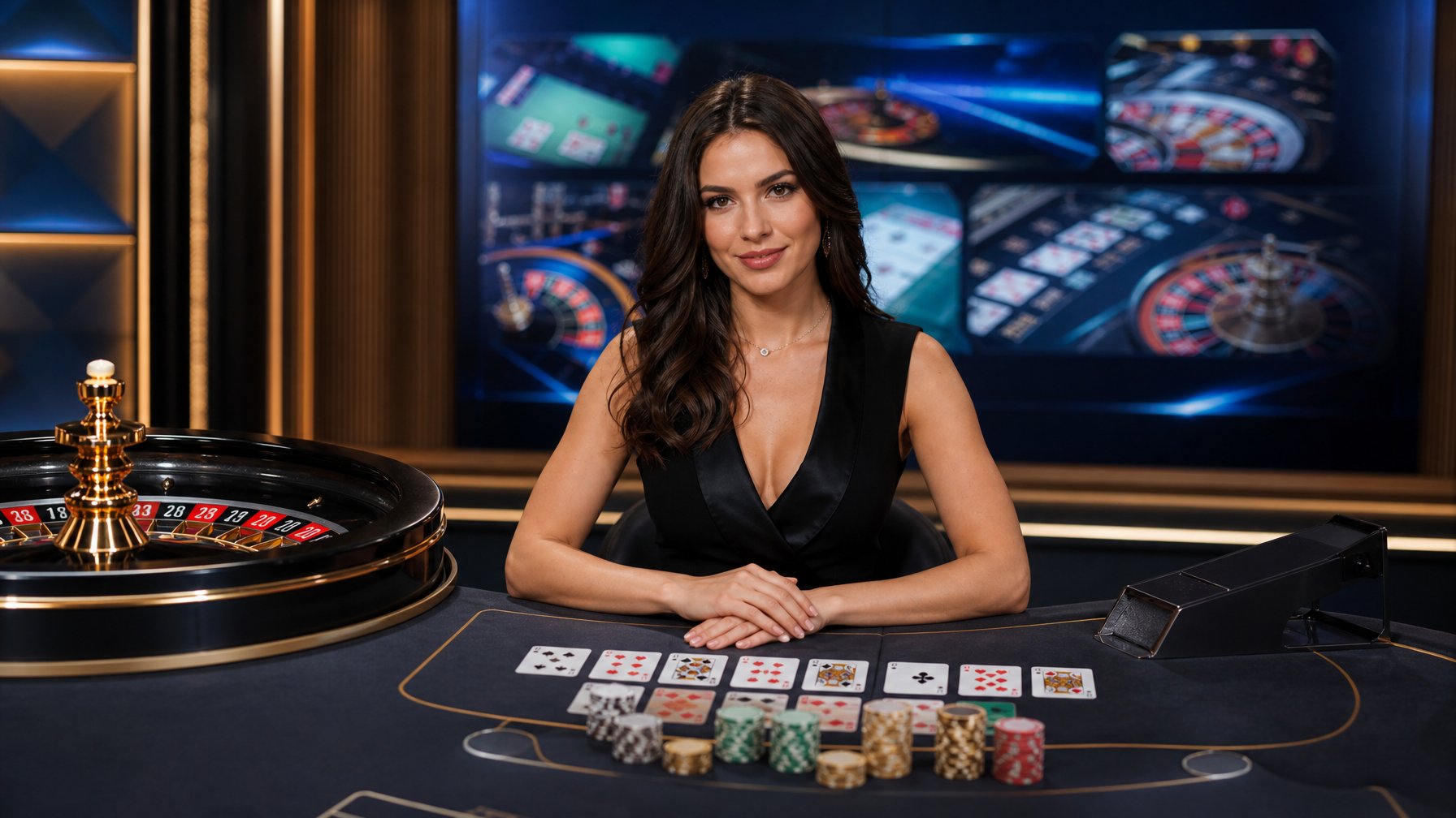 Seorang dealer berada di meja kasino modern dengan roda roulette dan kartu bermain.