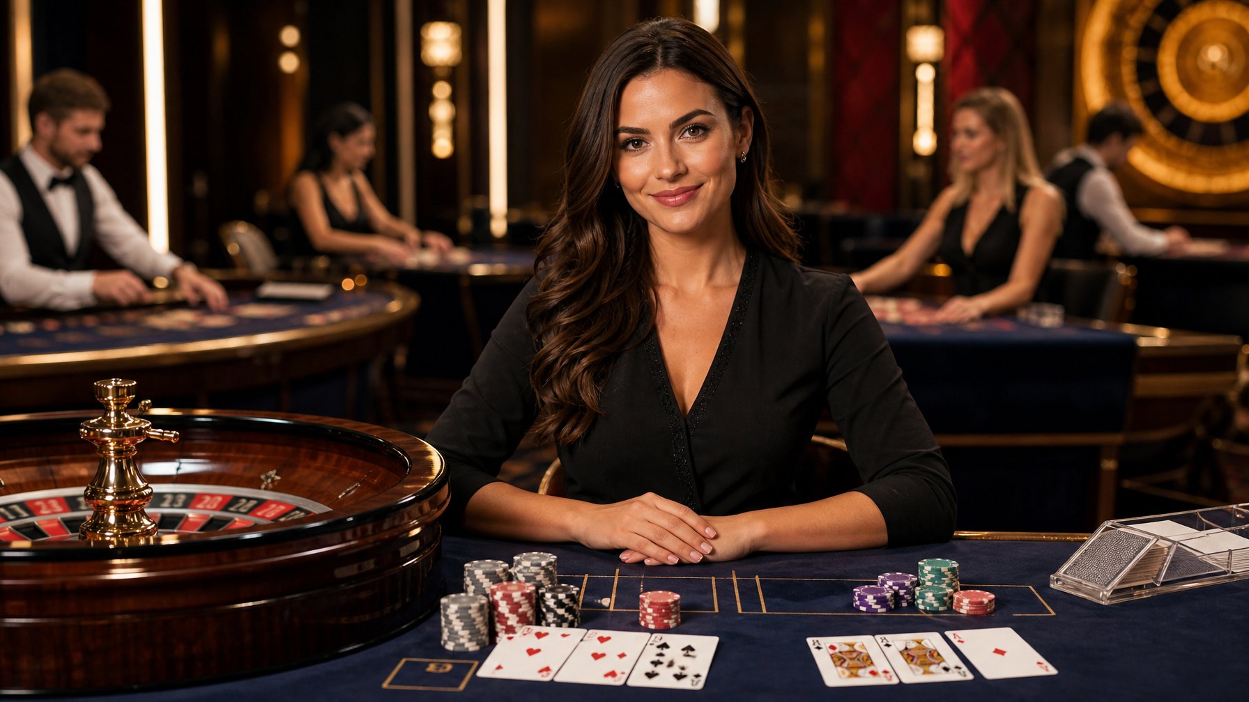 Dealer kasino memandu permainan roulette di studio kasino modern dengan beberapa meja permainan di latar belakang.