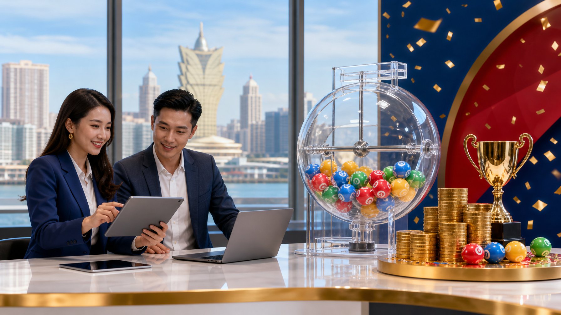 Mesin pengundian bola berwarna, piala, koin emas, dan beberapa profesional di ruang kantor modern.