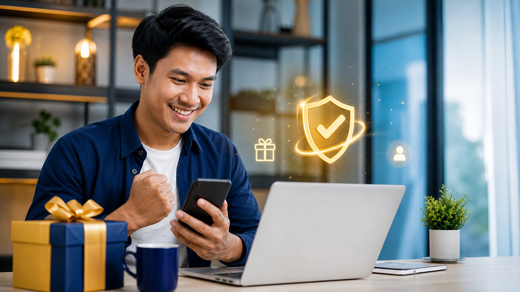 Orang dewasa tersenyum menggunakan laptop dan ponsel di meja kerja modern dengan simbol keamanan dan hadiah.