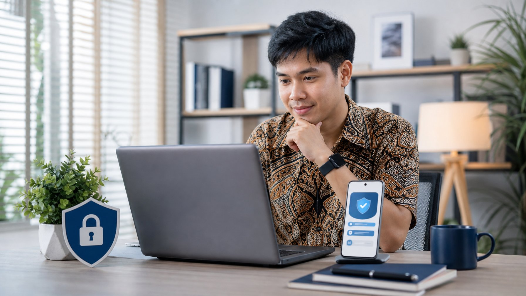 Seseorang membandingkan platform digital yang aman di laptop dan ponsel dalam ruang kerja modern.