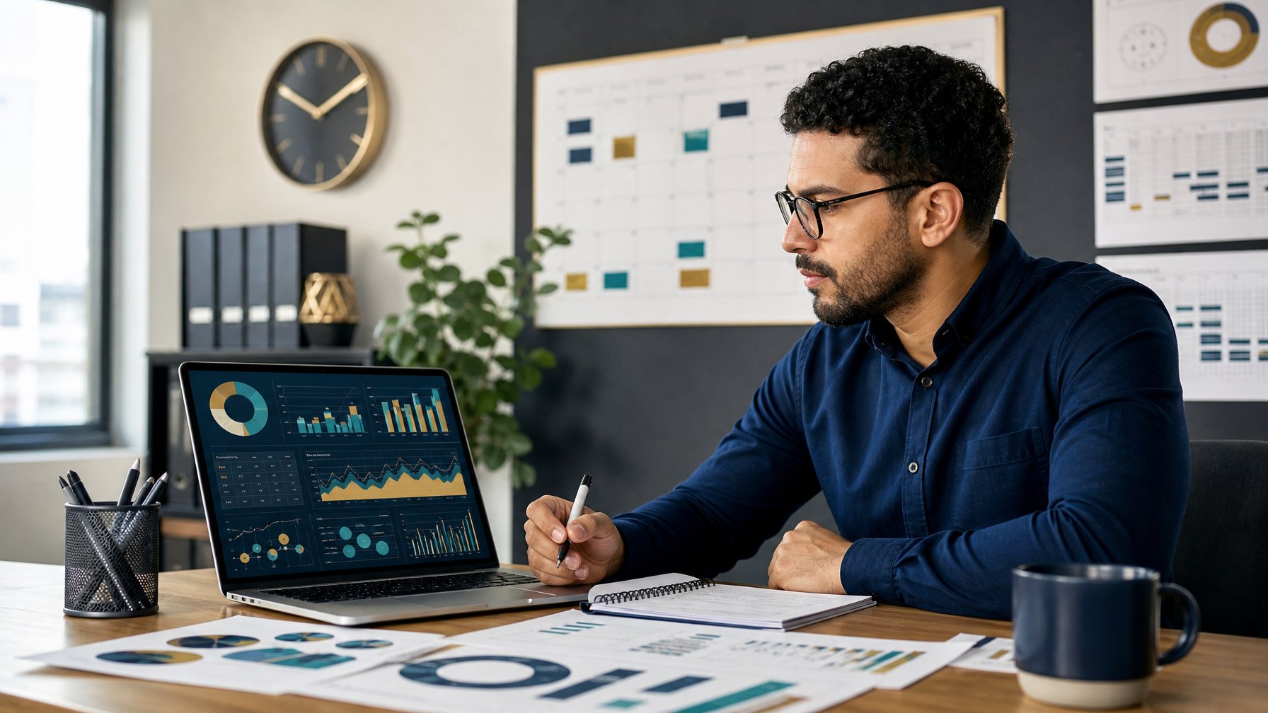 Seorang analis dewasa mempelajari grafik tren dan visualisasi data abstrak di laptop dalam ruang kerja modern.