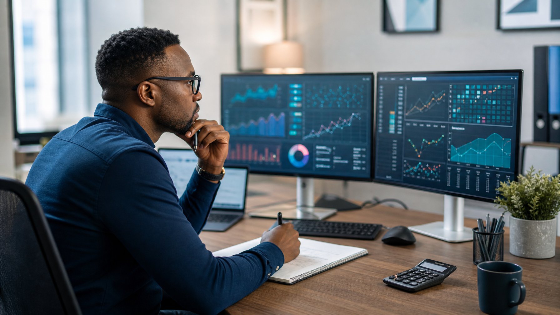 Seorang analis dewasa meninjau grafik statistik dan indikator risiko di kantor modern.