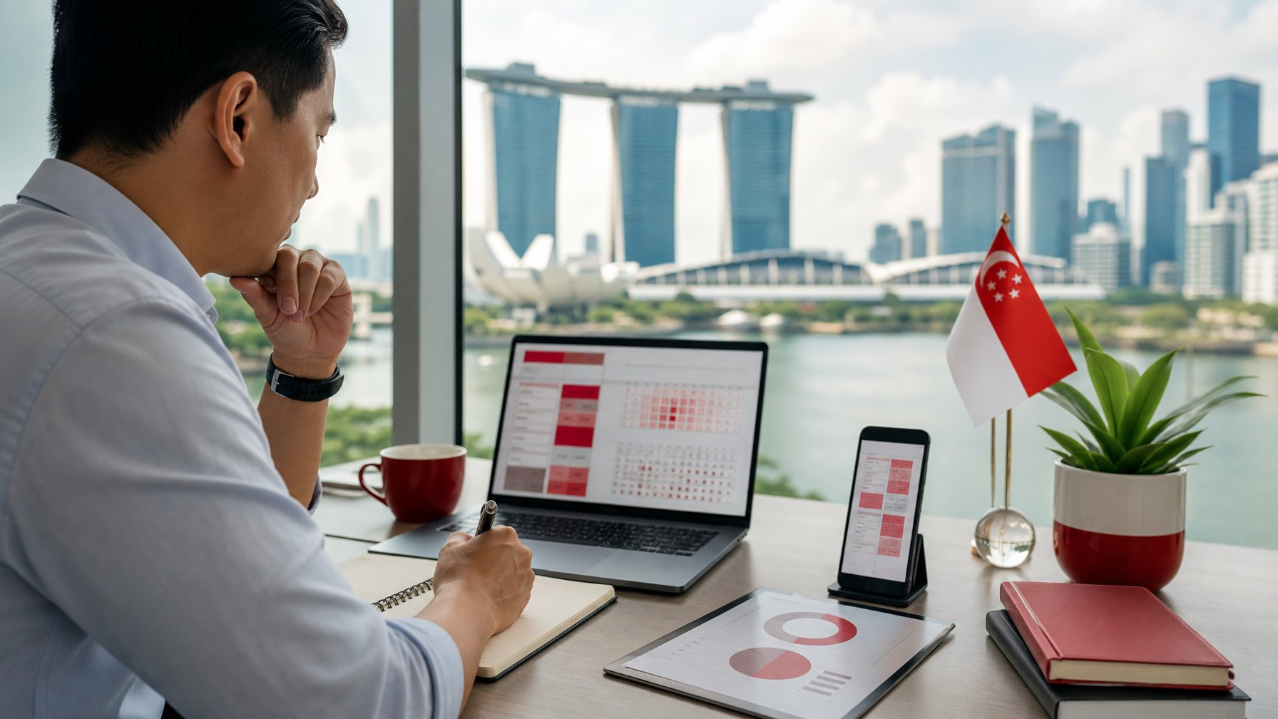 Seseorang meninjau data angka dan catatan keuangan di meja kerja modern dengan latar kota Singapura.