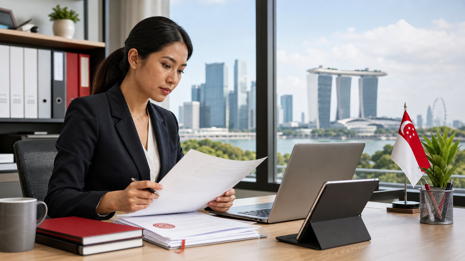 Seorang profesional memeriksa dokumen resmi dan portal verifikasi digital di kantor modern.