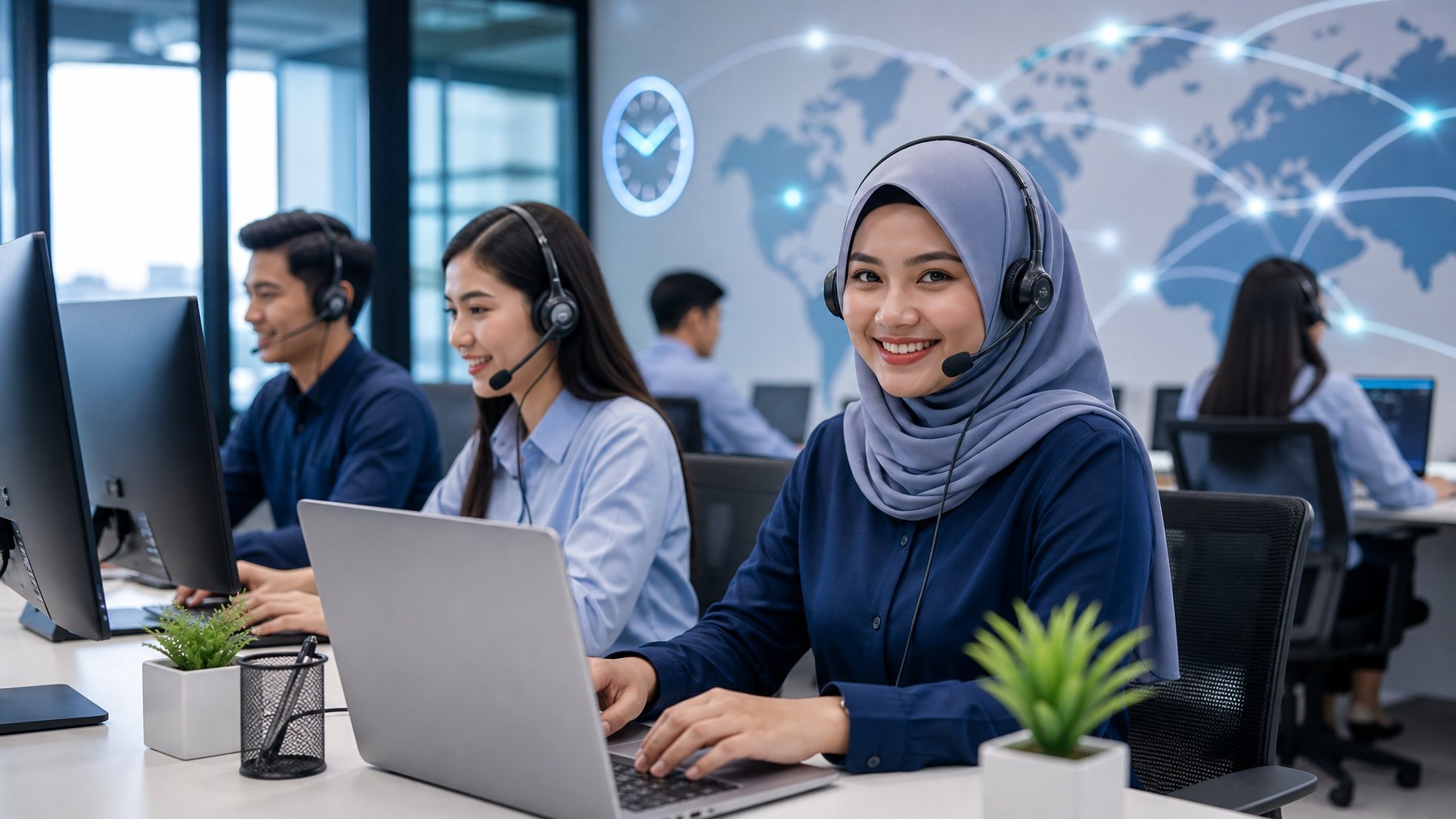 Tim layanan pelanggan bekerja di kantor modern dengan komputer dan headset.