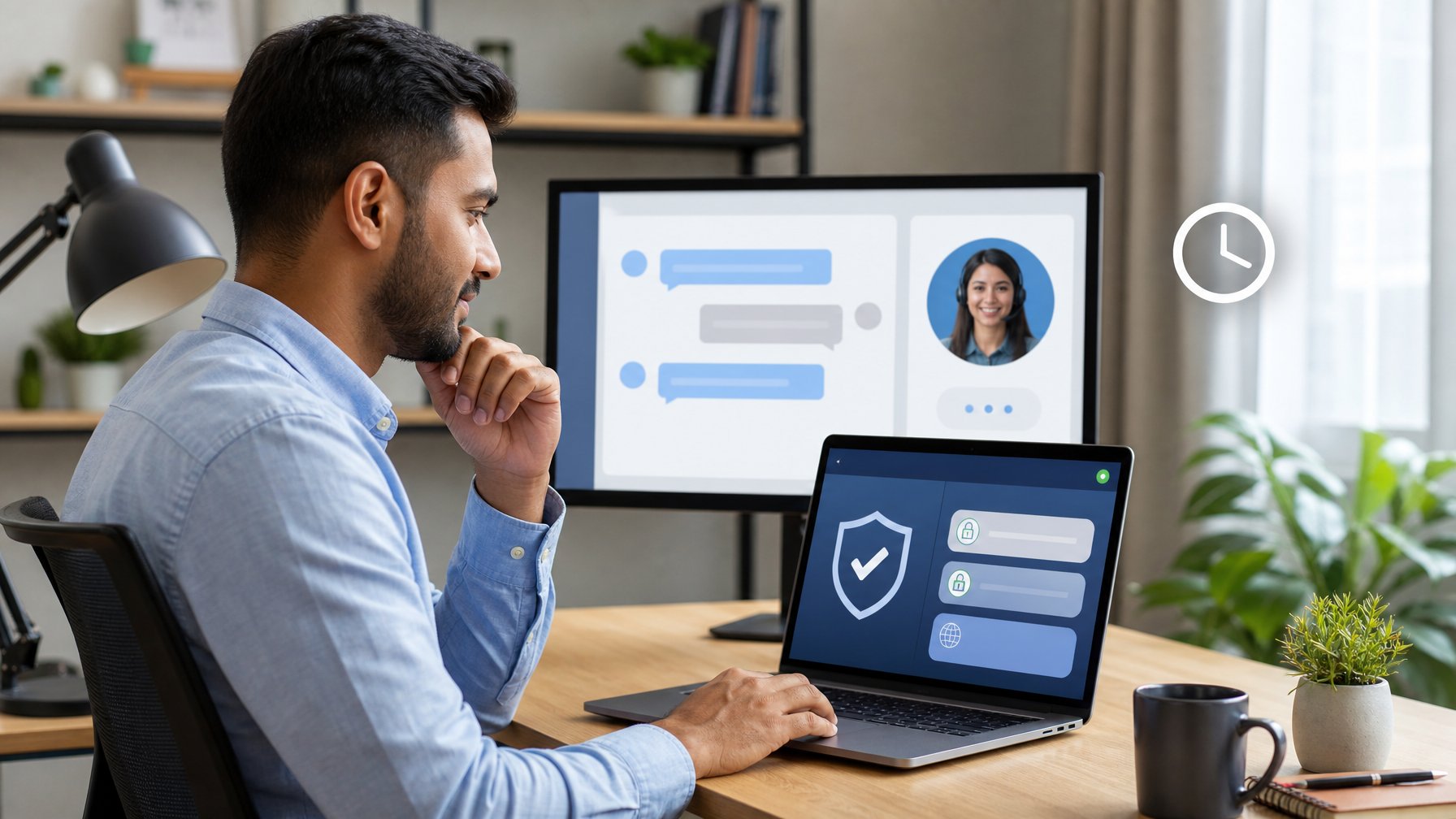 Seseorang meninjau platform digital aman di laptop dengan dukungan pelanggan melalui obrolan di ruang kerja modern.
