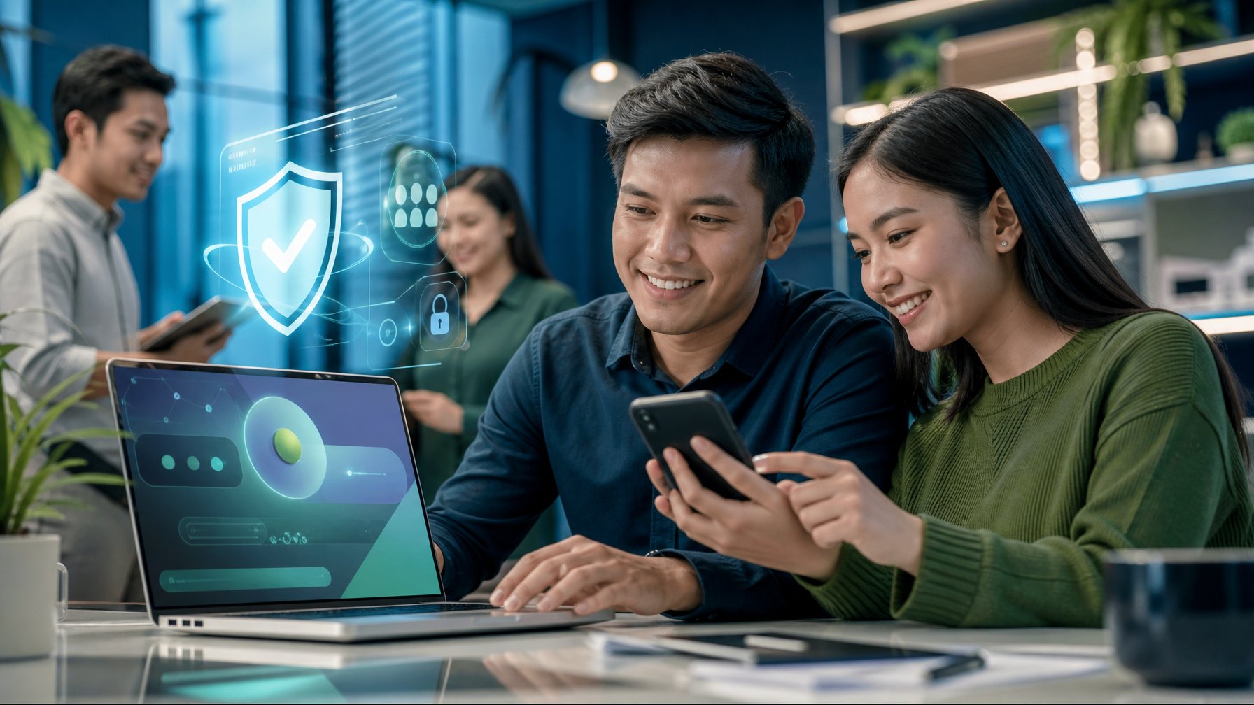 Orang dewasa menggunakan perangkat digital dalam ruang kerja modern dengan simbol keamanan bercahaya.
