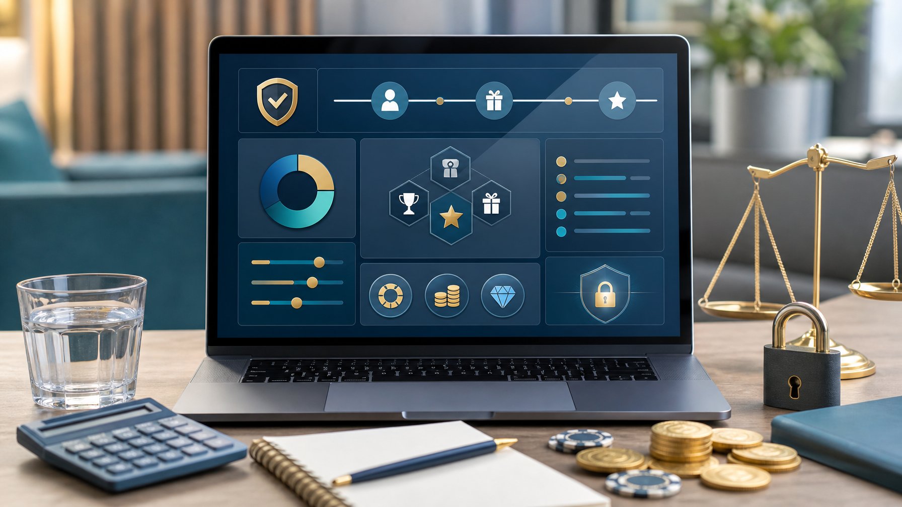Meja kerja modern dengan laptop yang menampilkan dasbor abstrak, simbol keamanan, kalkulator, dan token hadiah.