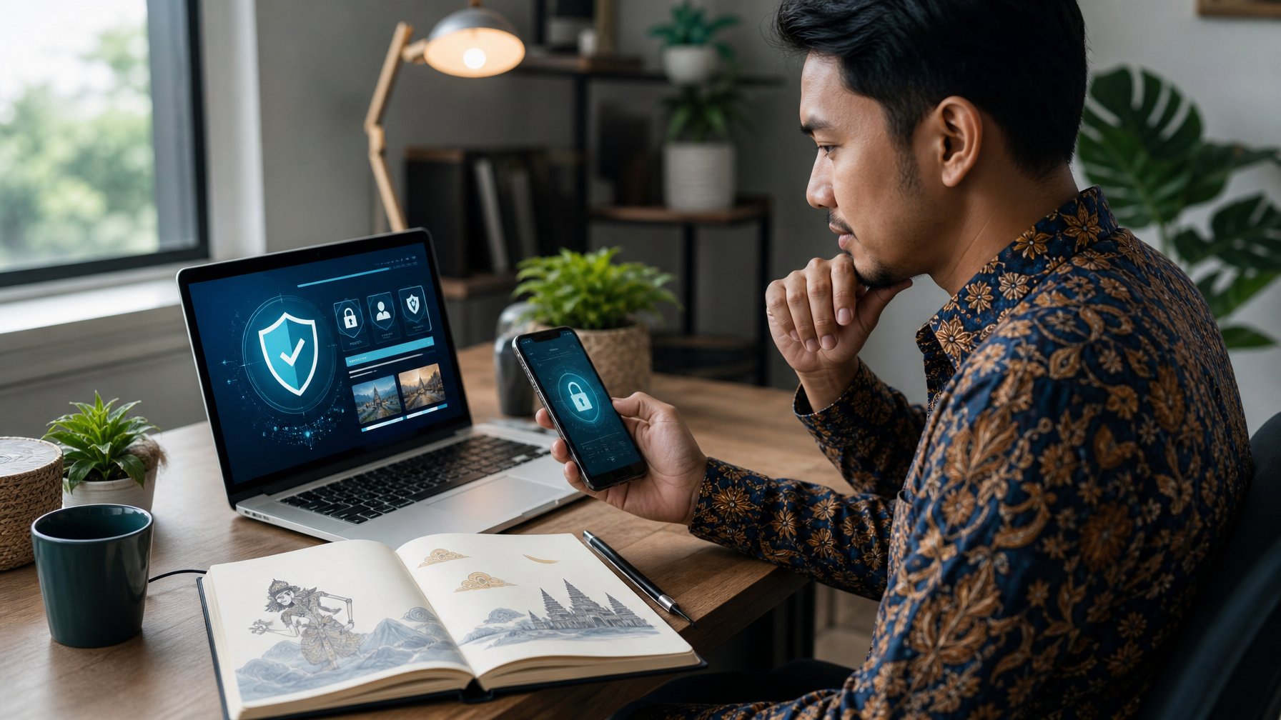 Seseorang memeriksa platform digital yang aman di laptop dengan simbol keamanan dan buku catatan terbuka di meja.