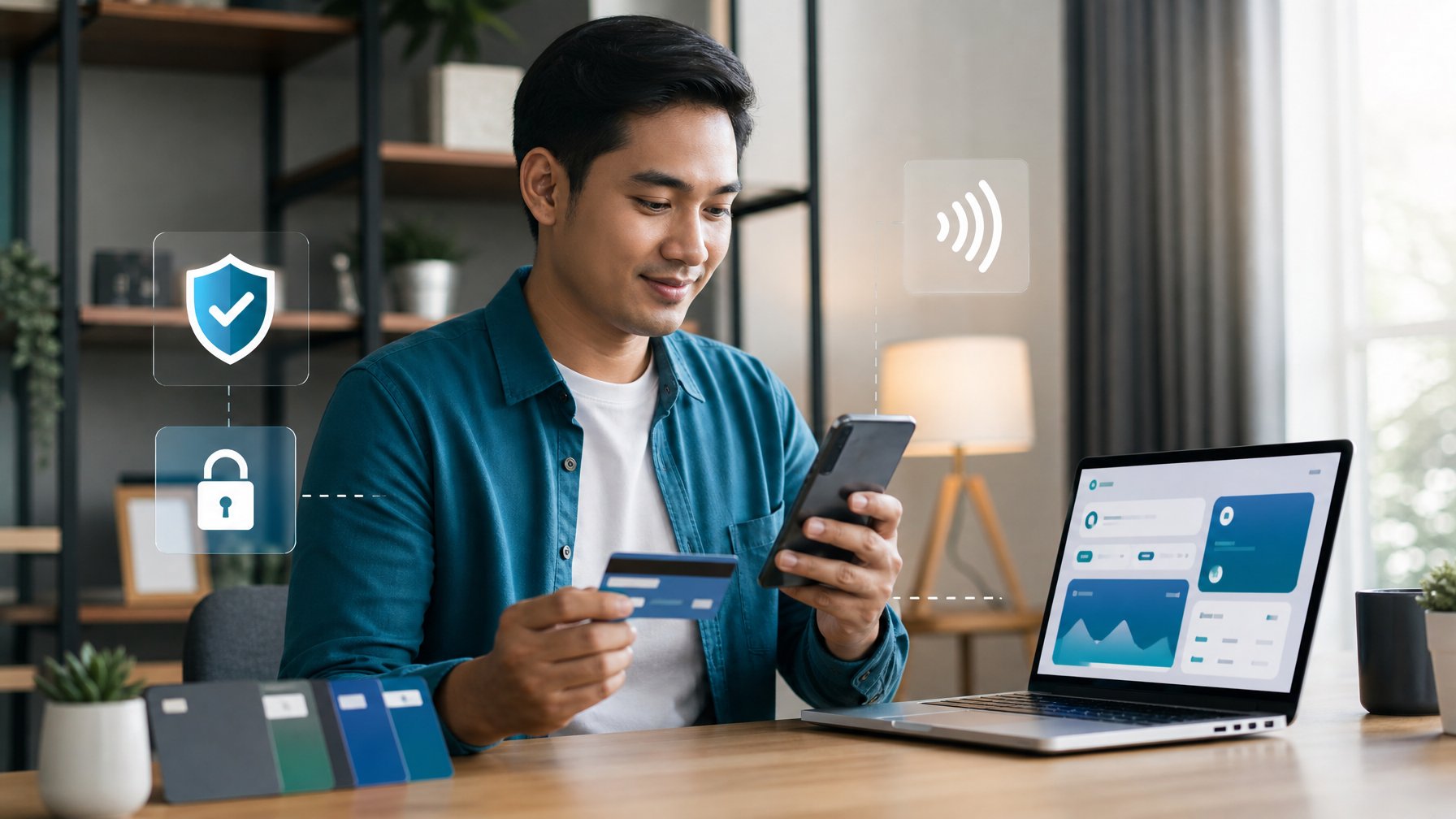 Seseorang menggunakan laptop dan ponsel dengan simbol keamanan serta pembayaran digital di meja kerja modern.