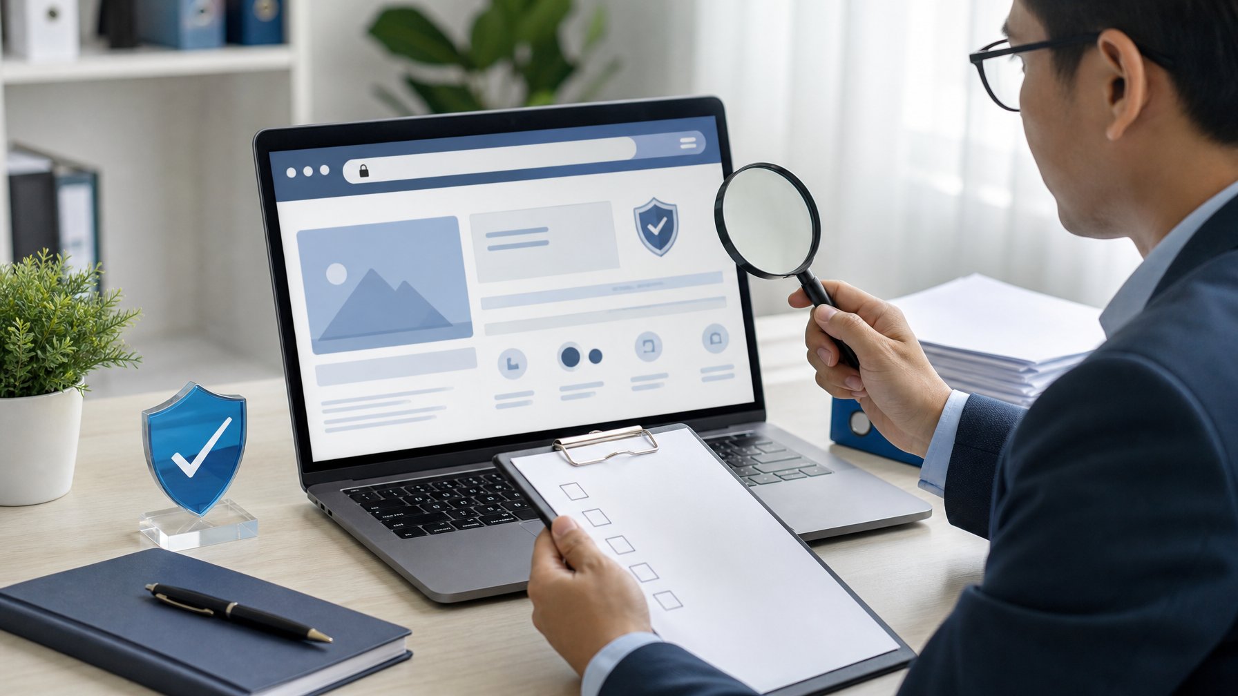 Seorang analis memeriksa platform digital menggunakan laptop, kaca pembesar, dan dokumen pemeriksaan di ruang kerja modern.