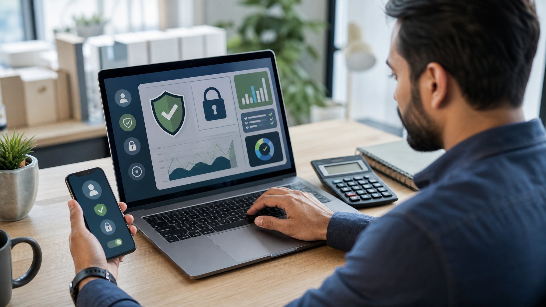 Seorang analis memeriksa platform digital dengan simbol keamanan di ruang kerja modern.