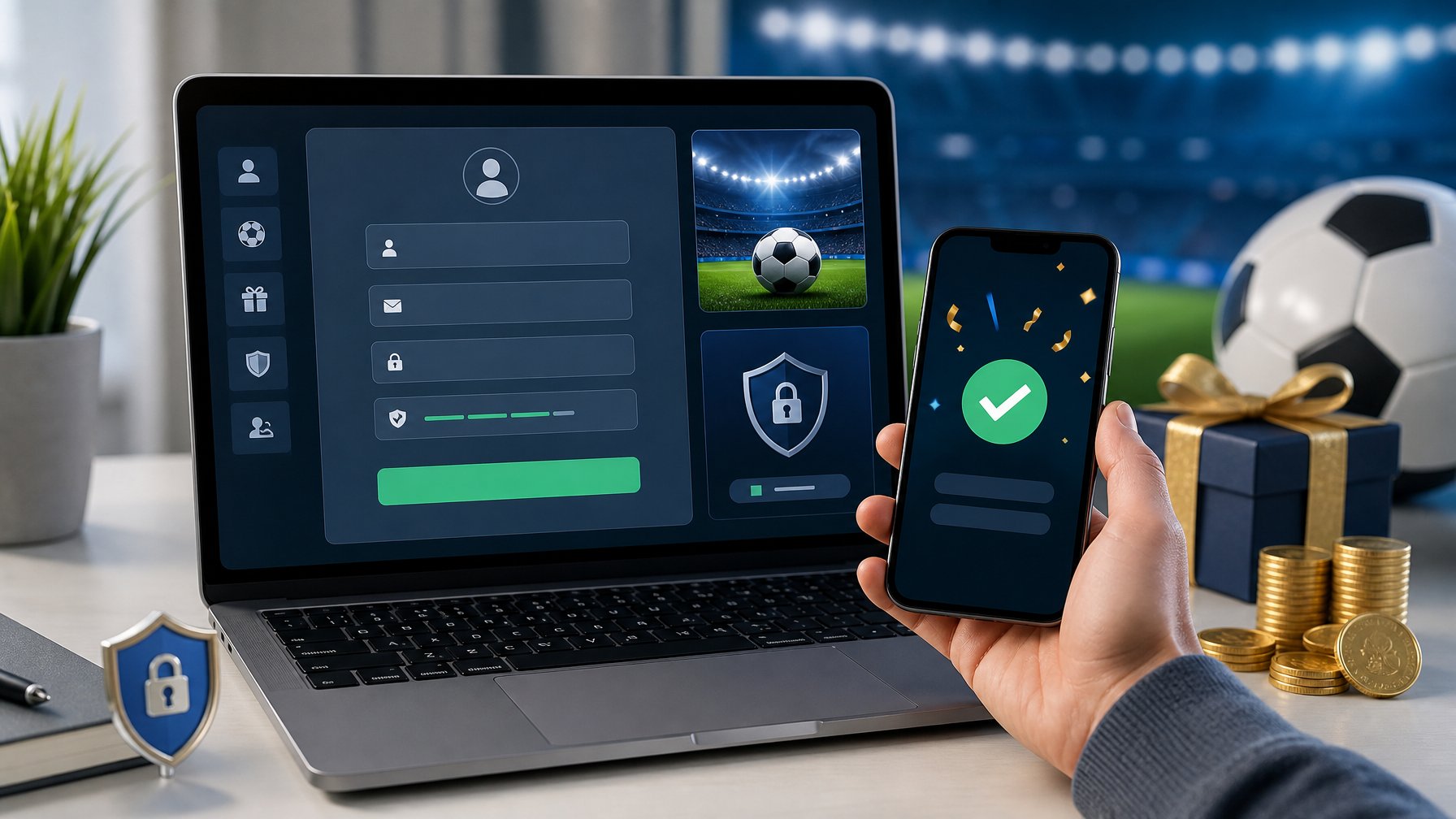 Laptop dan ponsel menampilkan proses pendaftaran akun olahraga dengan simbol keamanan, bola sepak, dan hadiah bonus di meja kerja.