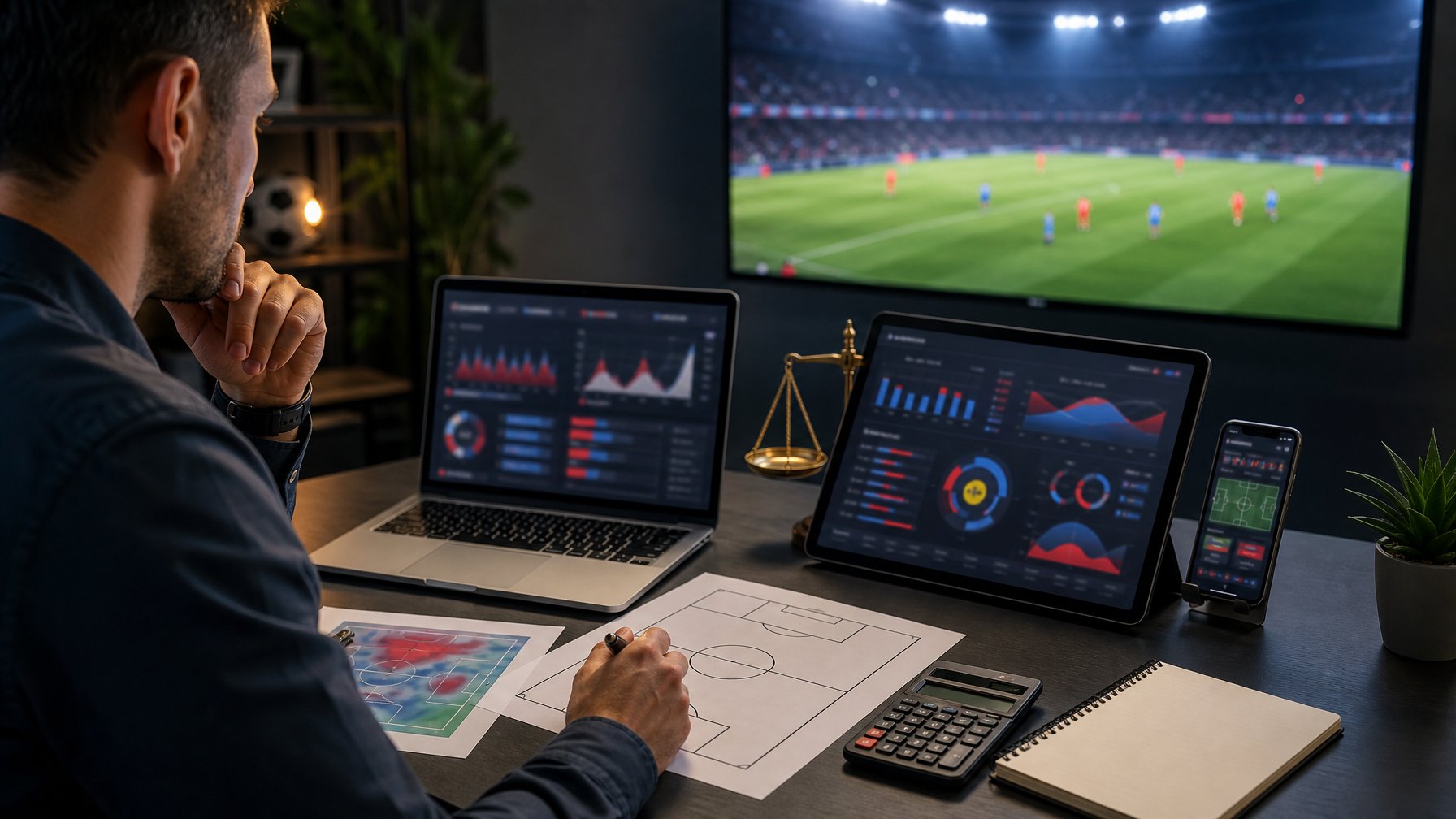 Meja analis olahraga dengan laptop, tablet, diagram lapangan sepak bola, dan latar stadion yang buram.
